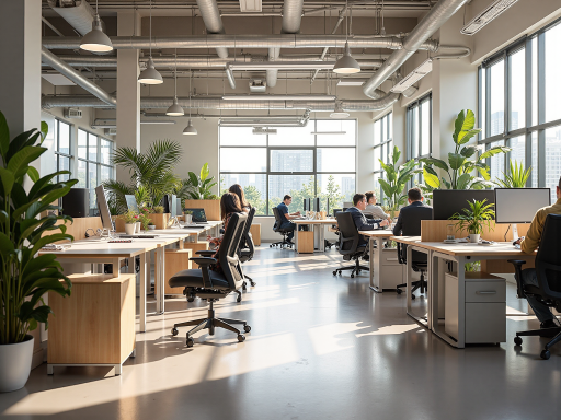 现代办公环境室内场景，宽敞明亮的开放式办公室，员工在工位上专注工作，背景有绿植装饰，体现专业的企业形象